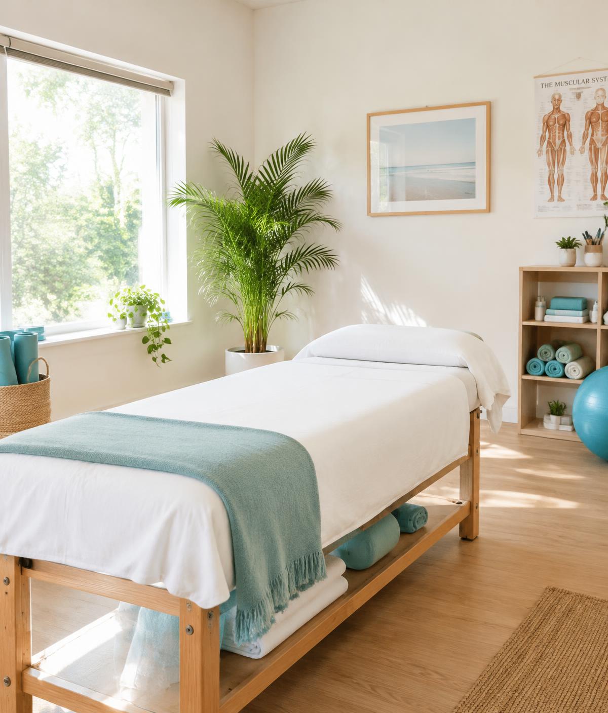 Illustrative photo of a bright, calm treatment room with a treatment table